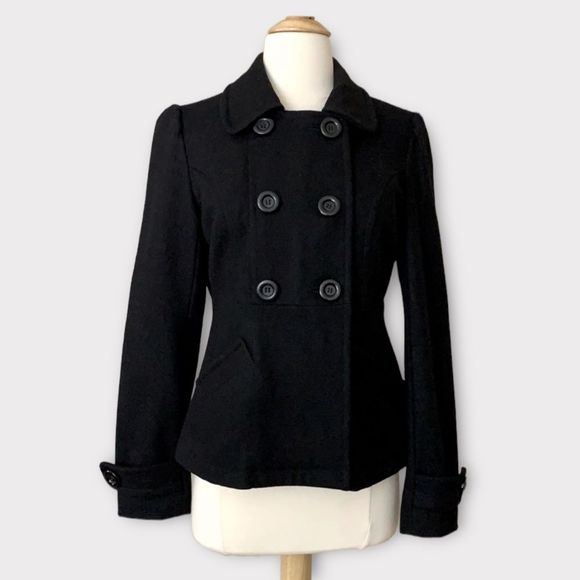 Anthropologie Tulle Wool Blend Double Breasted Hooded Black Peacoat - Picture 1 of 1